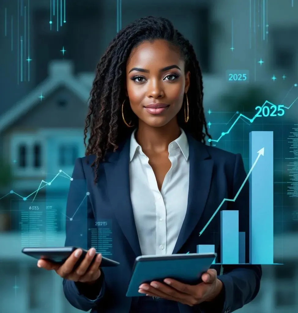 Lawyer holdings a calculator with a house behind her and 2025 at her side