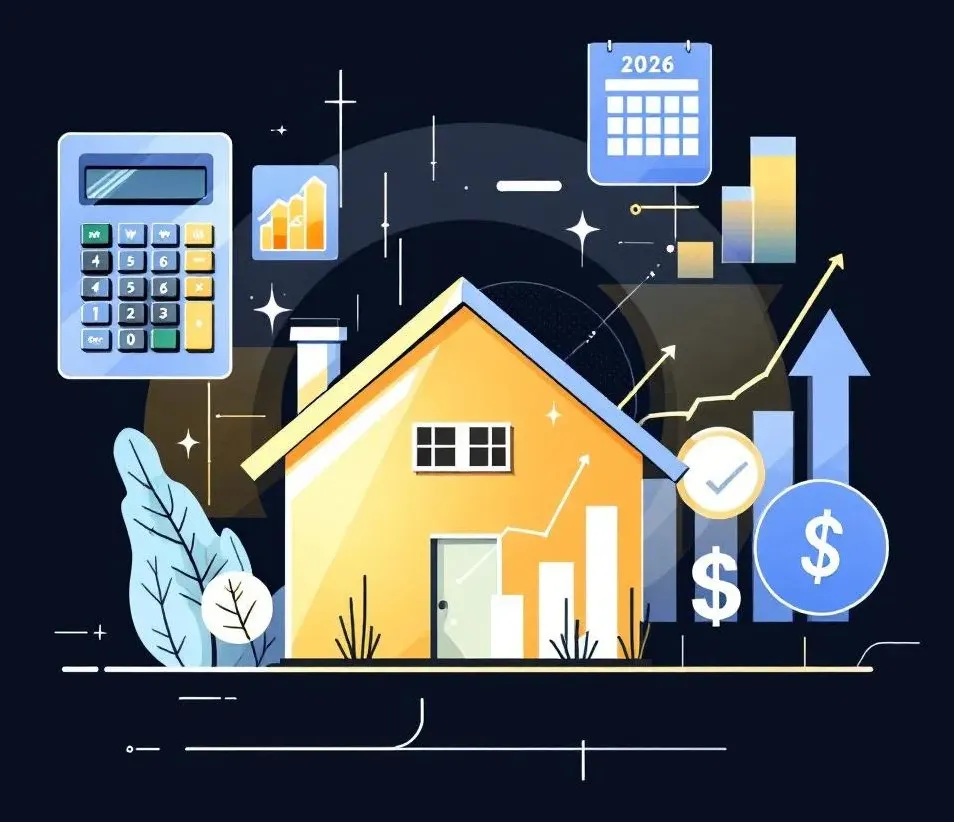 Drawing of a house with a calculator and 2026 calendar and dollar signs