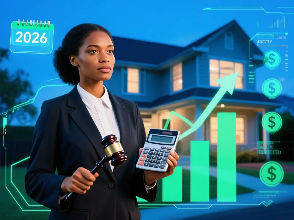Lawyer holding a calculator and gavel in front of a house with dollar signs and a 2026 calendar date