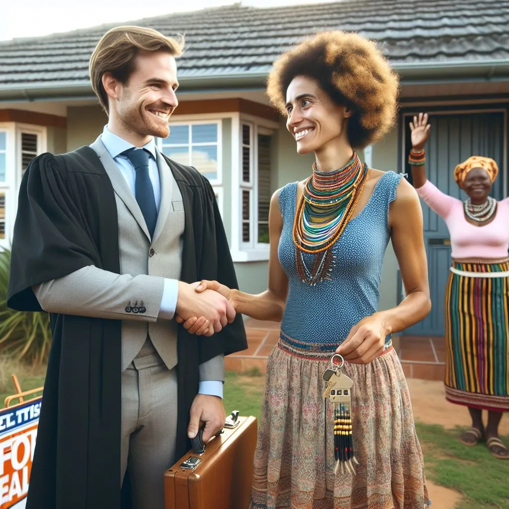 Attorney shaking hands with property seller, symbolising her thanks for him drafting a property sales agreement.