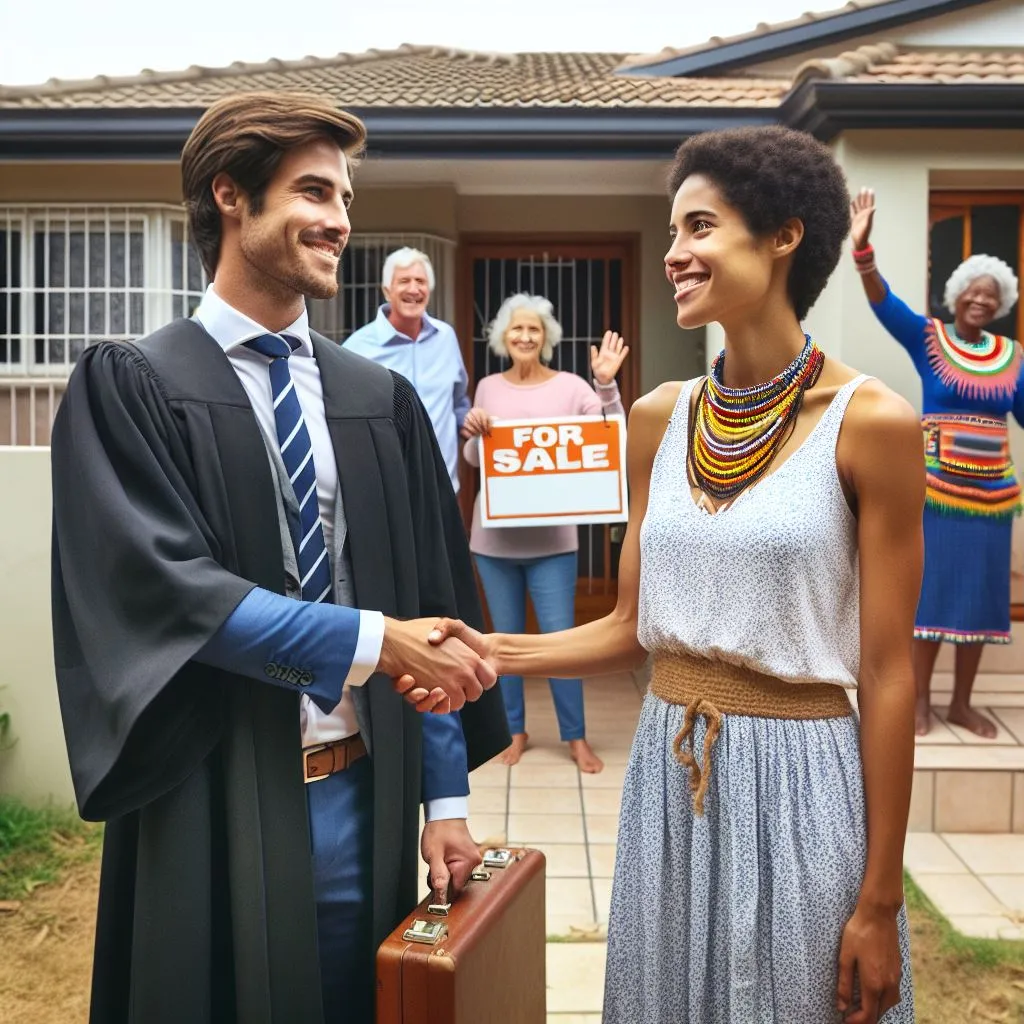 Conveyancing attorney shaking hands with property buyer, symbolising her thanks for checking the credentials of the real estate agent.