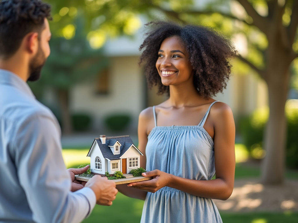 Conveyancing lawyer handing a miniature house to a property purchaser, symbolising the transfer of ownership
