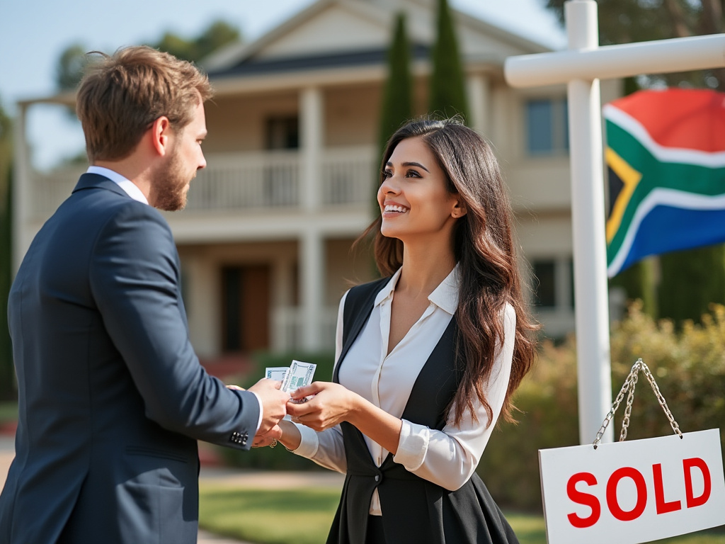 Property lawyer receiving money from seller in front of a house with a sold sign and a South African flag