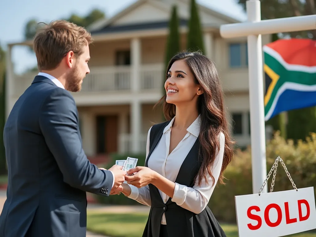 Property lawyer receiving money from seller in front of a house with a sold sign and a South African flag