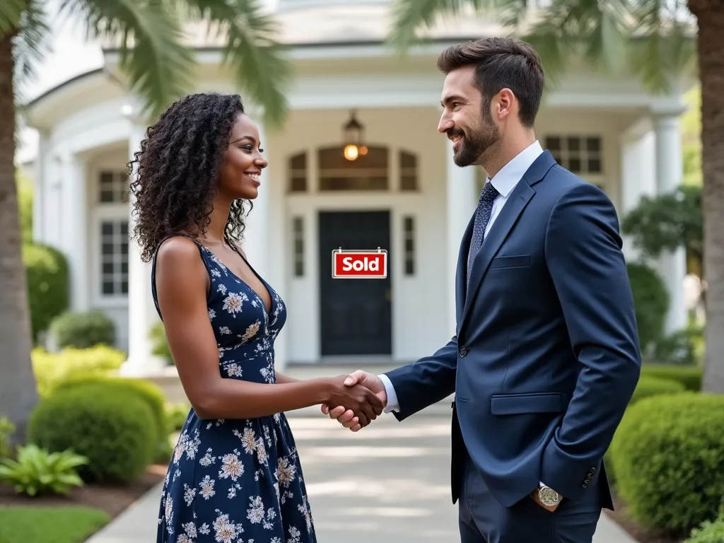 Lawyer shaking hands with property seller in front of house with sold sign, symbolising them agreeing on conveyancing fees to be charged