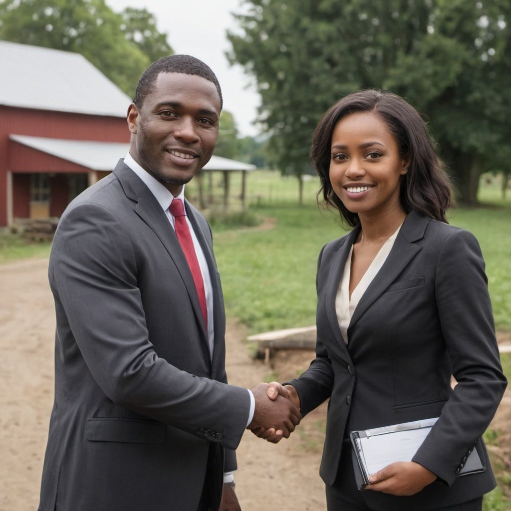 Lawyer shaking hands with client on farm.