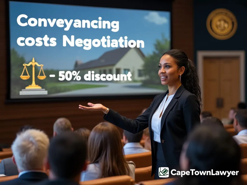 Property attorney presenting on conveyancing costs negotations; capetownlawyer at bottom