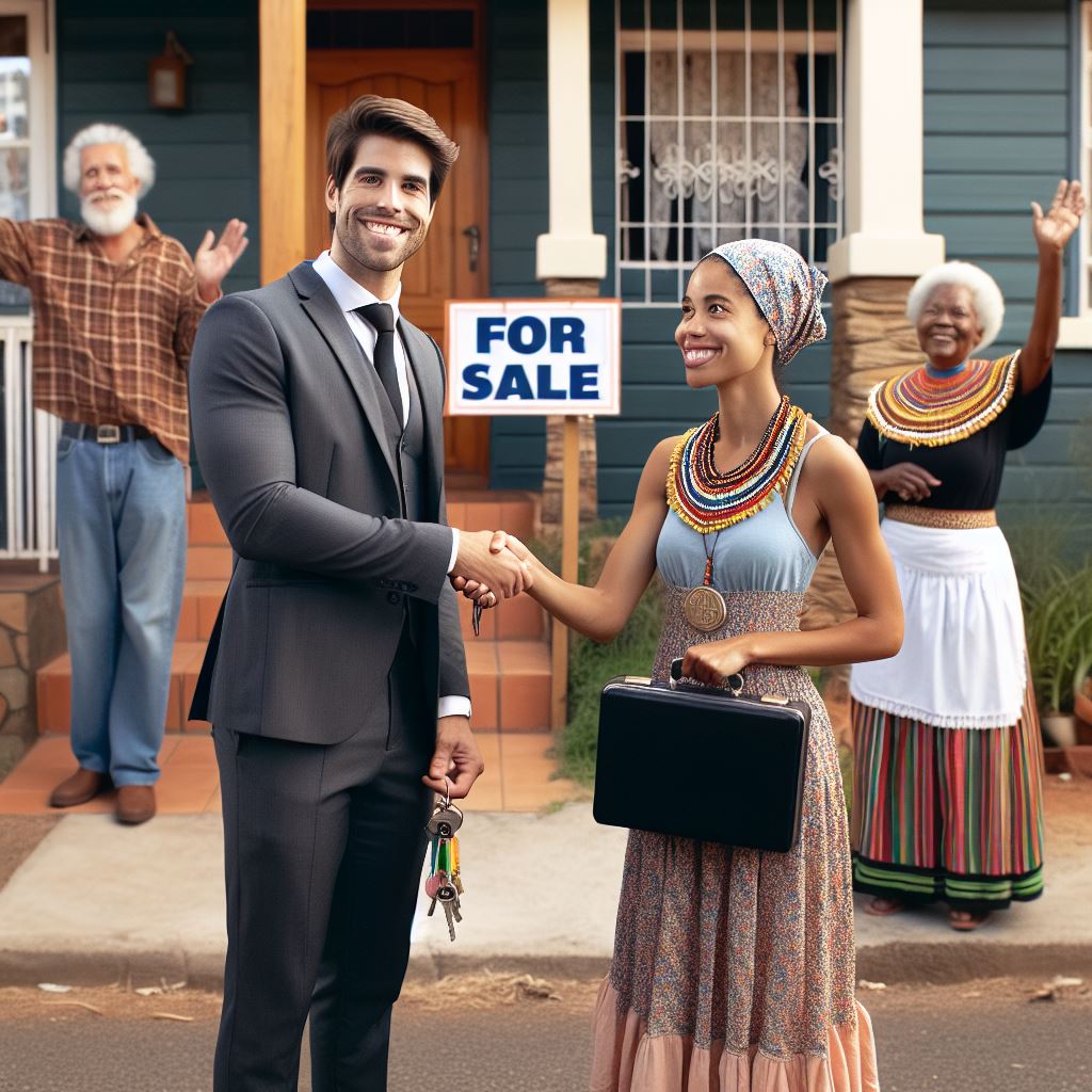 Property lawyer shaking hands with a purchaser in front of a house with a For Sale sign, the handshake symbolising thanks for the lawyer arranging a FLISP housing subsidy