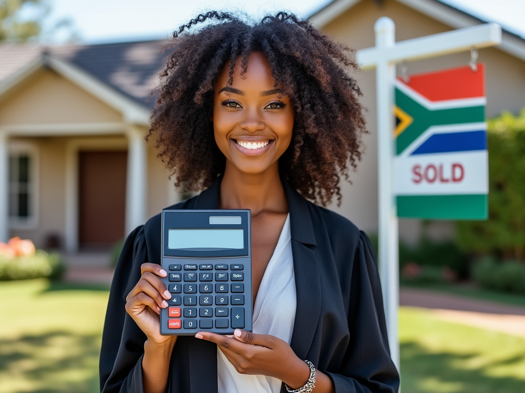 Conveyancing attorney holding a calculator in front of a house with a sold sign and a South Afrrican flag; the calculator symbolising the calculation of the property transfer costs.