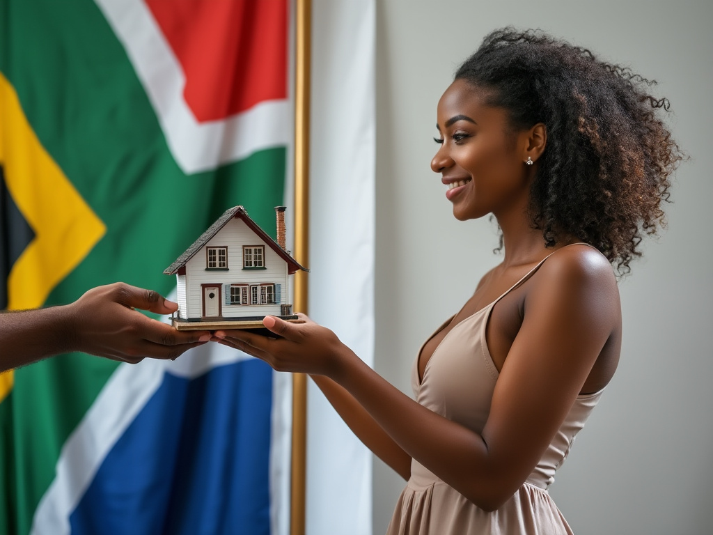 Person handing a house to another person in front of a South African flag, symbolising the transfer of property from seller to buyer.