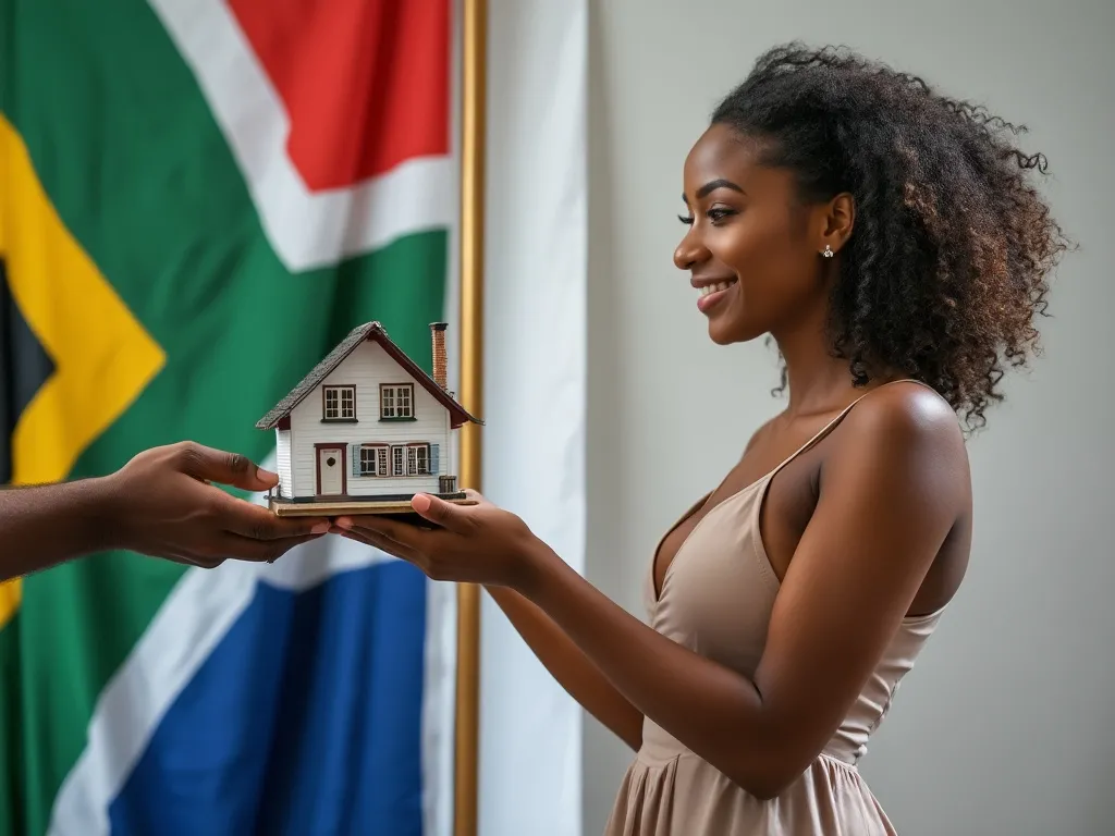 Person handing a house to another person in front of a South African flag, symbolising the transfer of property from seller to buyer.