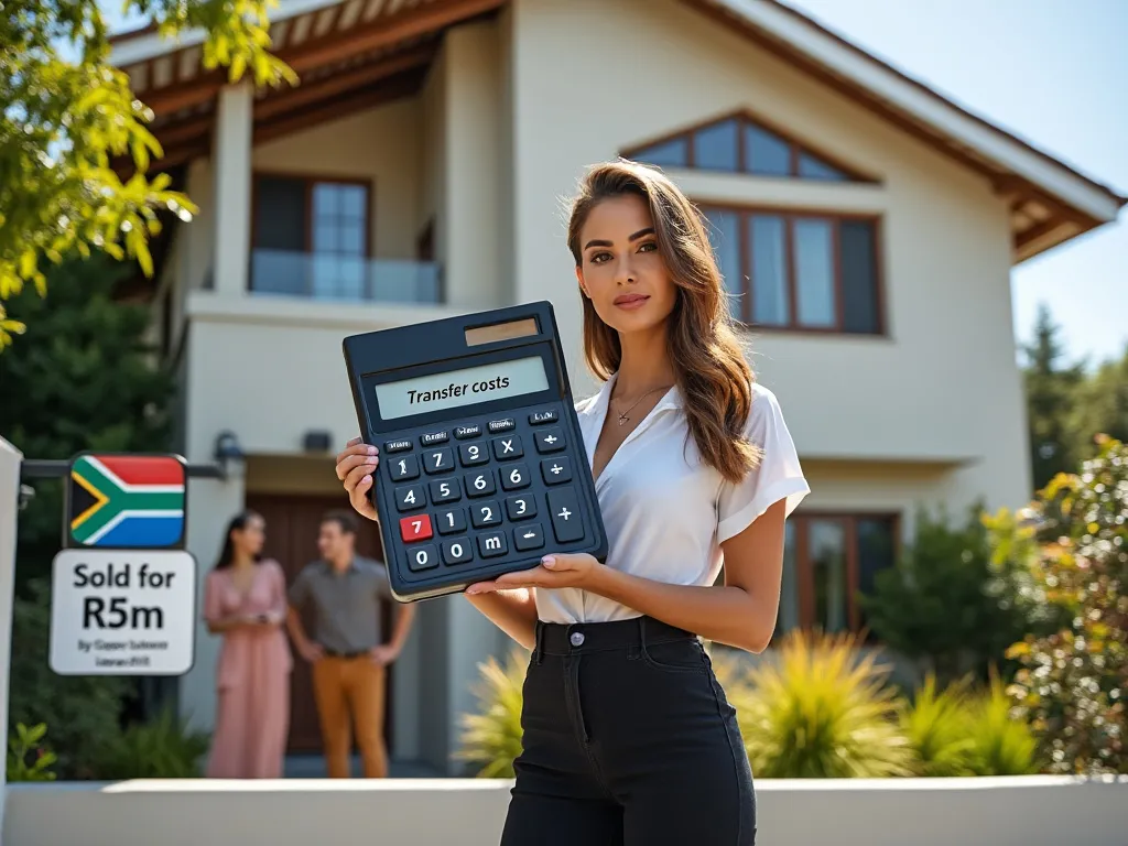 Lawyer holding a calculator with transfer costs written on it, standing in front of house with sign saying that it was sold for R5m. South Afrrican flag.