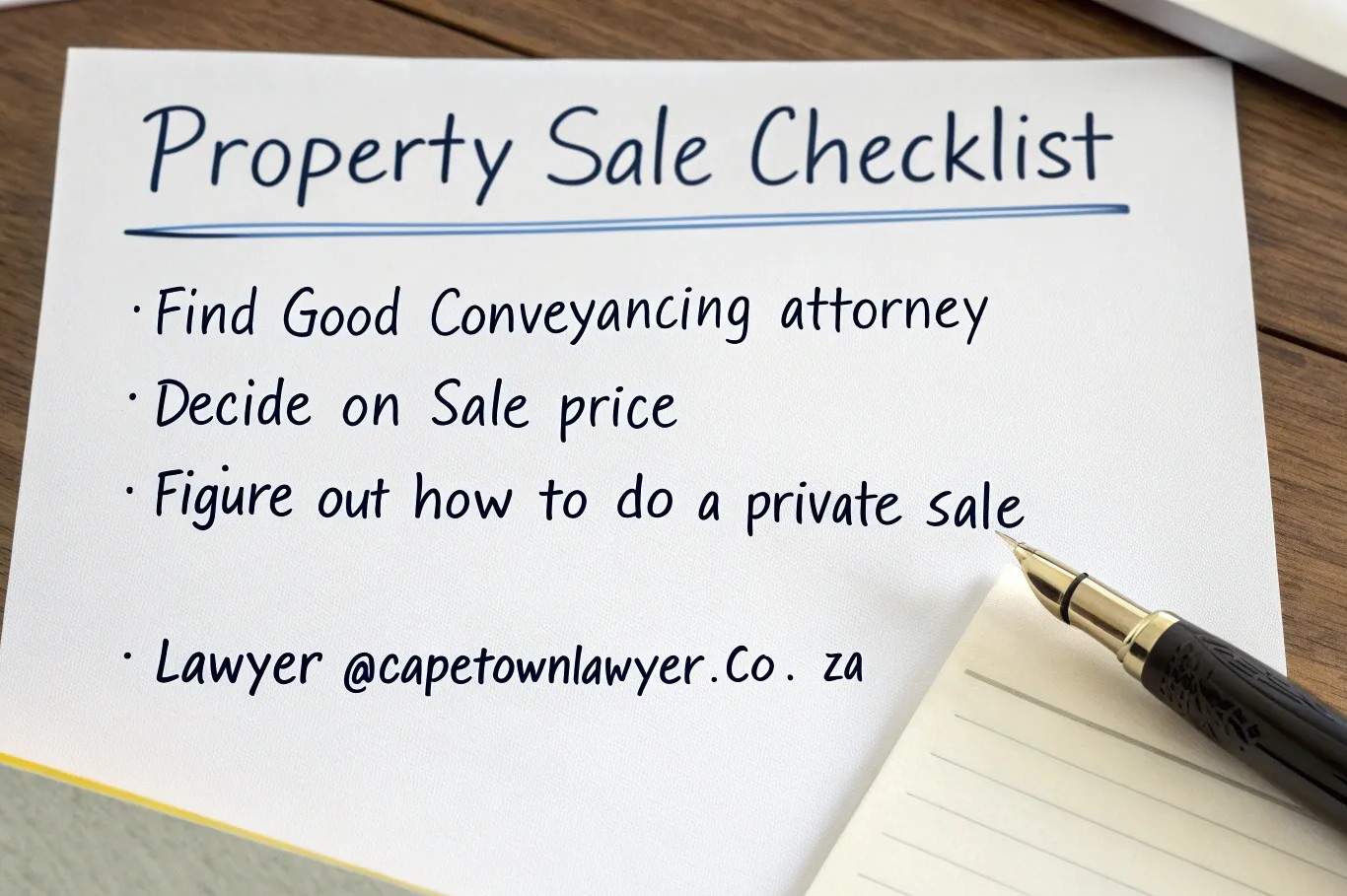 Property sale checklist - find good conveyancing attorney, decide on sale price, figure out how to do a private sale, lawyer@capetownlawyer.co.za