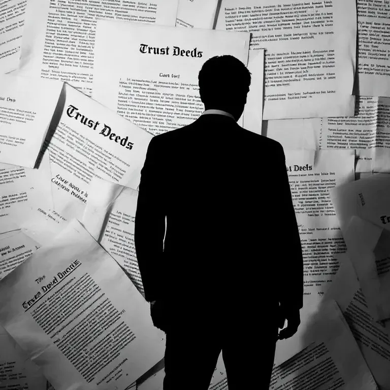Conveyancer silhouetted against trust deeds