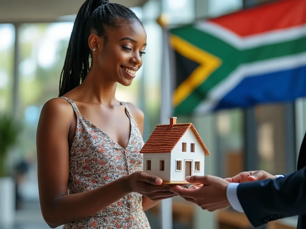 Property attorney hands miniature house to the buyer, with a South African flag in the background.