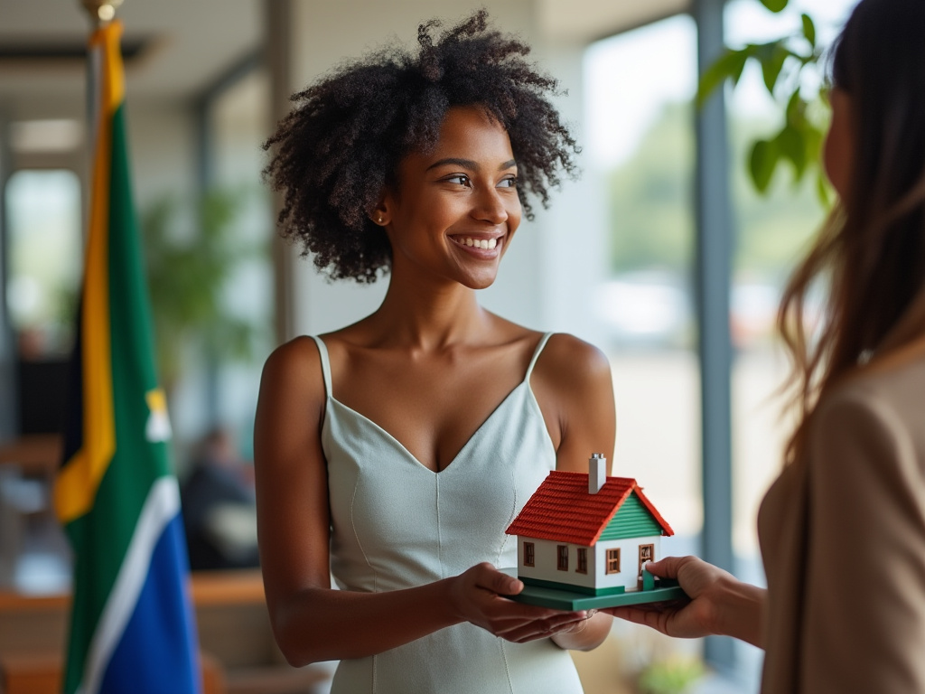Property being transferred from one a seller to a buyer, with the South African flag in the background