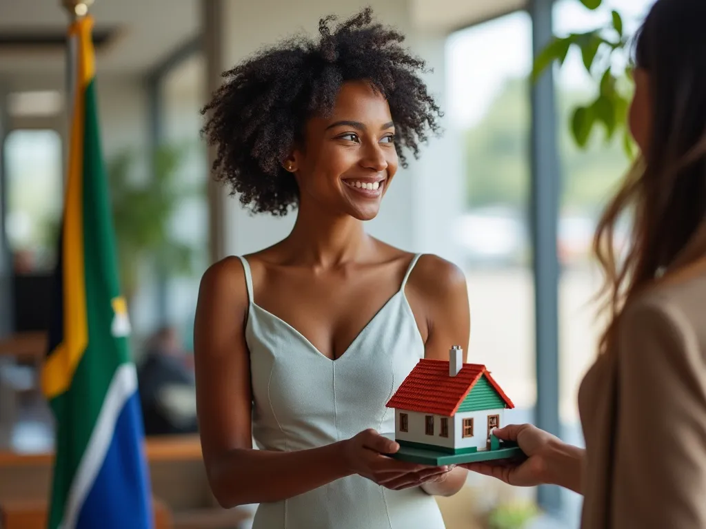 Property being transferred from one a seller to a buyer, with the South African flag in the background