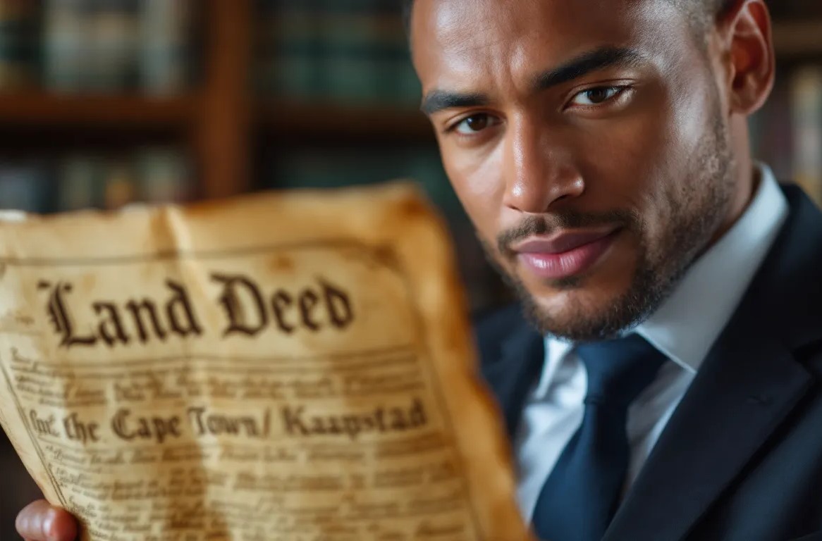 Conveyancer studying a land deed with words Cape Town / Kaapstad