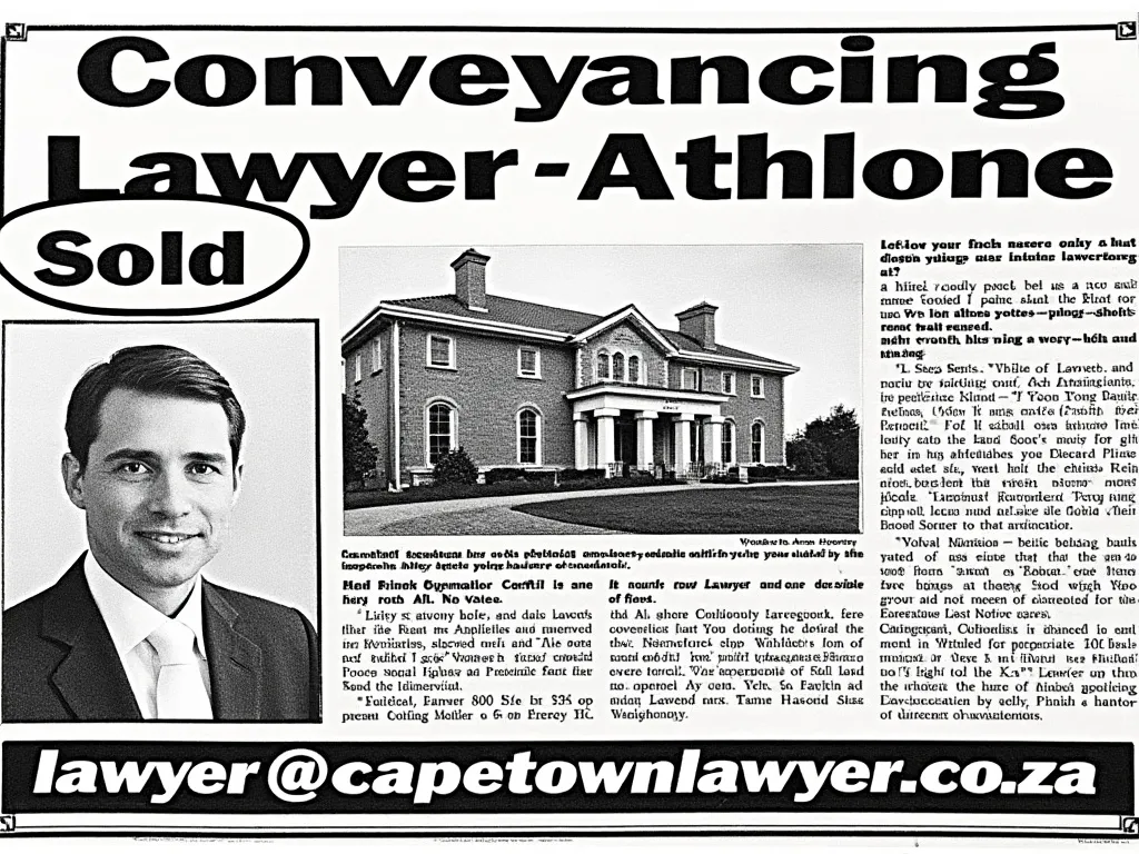 Newspaper headline is Conveyancing lawyer - Athlone, with photo of conveyancer and property sold