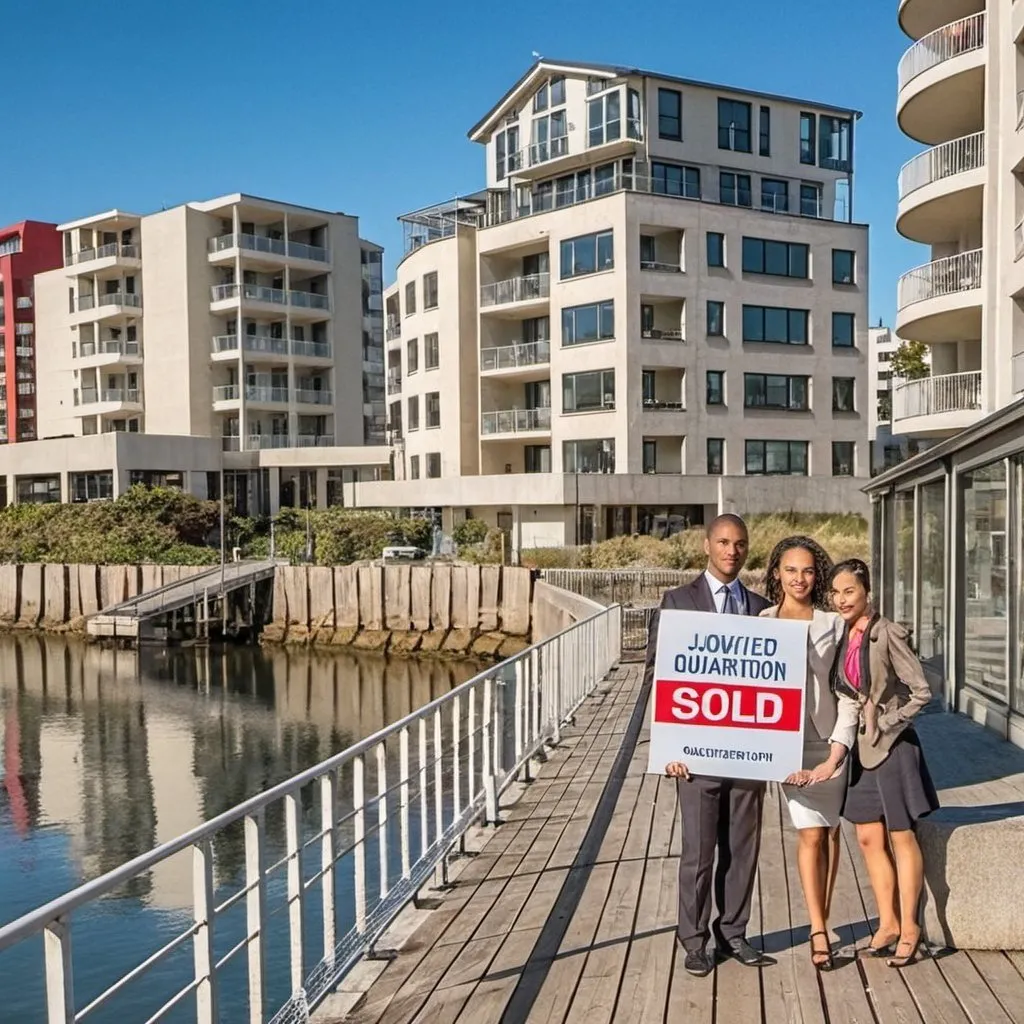 Three people standing on the boardwalk at the Waterfront with a sold sign and flats in the background