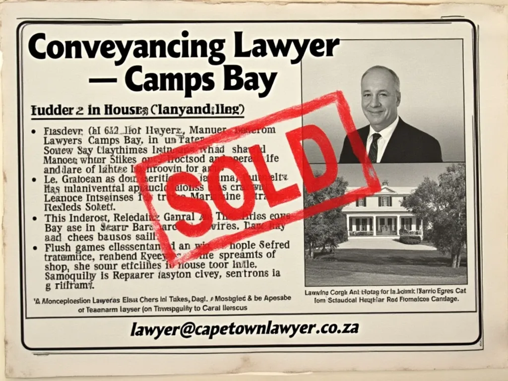 Newspaper headlined - Conveyancing Lawyer - Camps Bay, image of property and attorney and sold