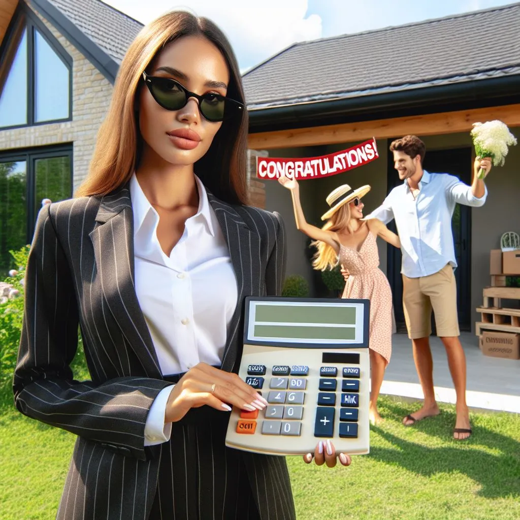 Property lawyer standing in front of house with a large calculator, symbolising the transfer costs calculator. Couple celebrating the purchase of the house in the background.
