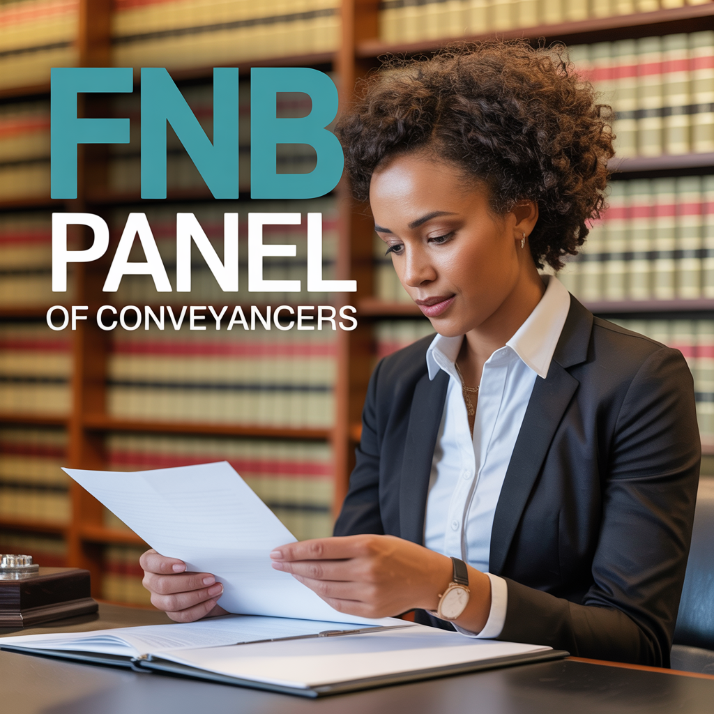 Lawyer in a legal library holding a paper, text overlaid says FNB PANEL OF CONVEYANCERS