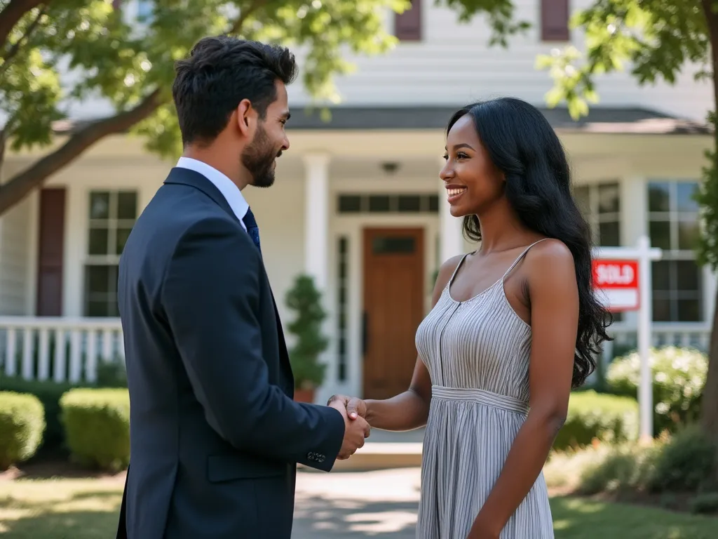 Lawyer shaking hands with property seller in front of a house with a sold sign, symbolising their agreement on the conveyancing charges.