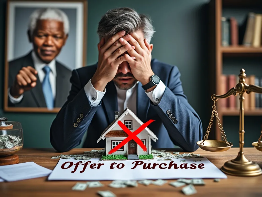 Property lawyer with head in hands and cancelled offer to purchase on table
