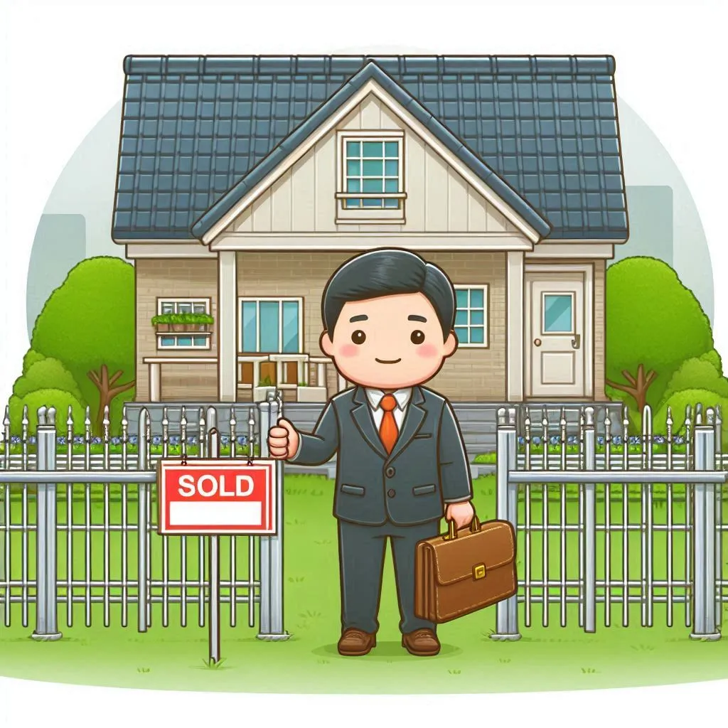 Drawing of lawyer standing in front of house with sold sign